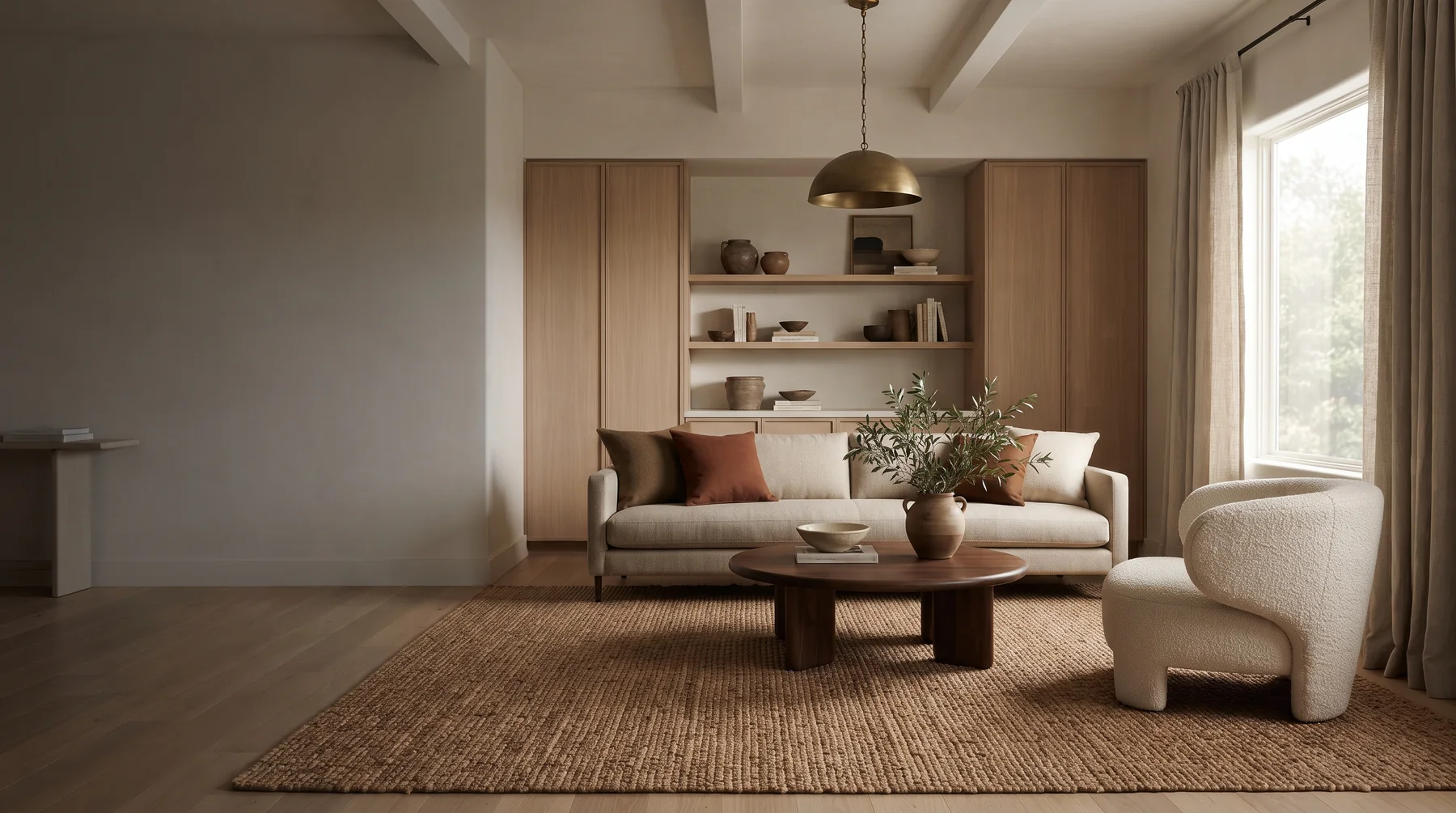 Warm modern living room in oatmeal and clay tones
