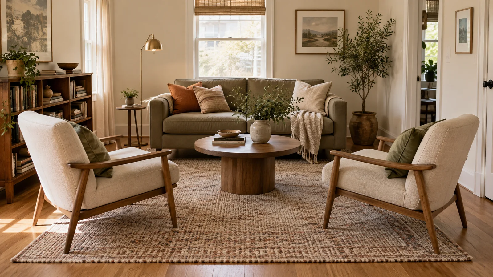 Compact warm living room with the sofa and chairs anchored by one low-pile rug