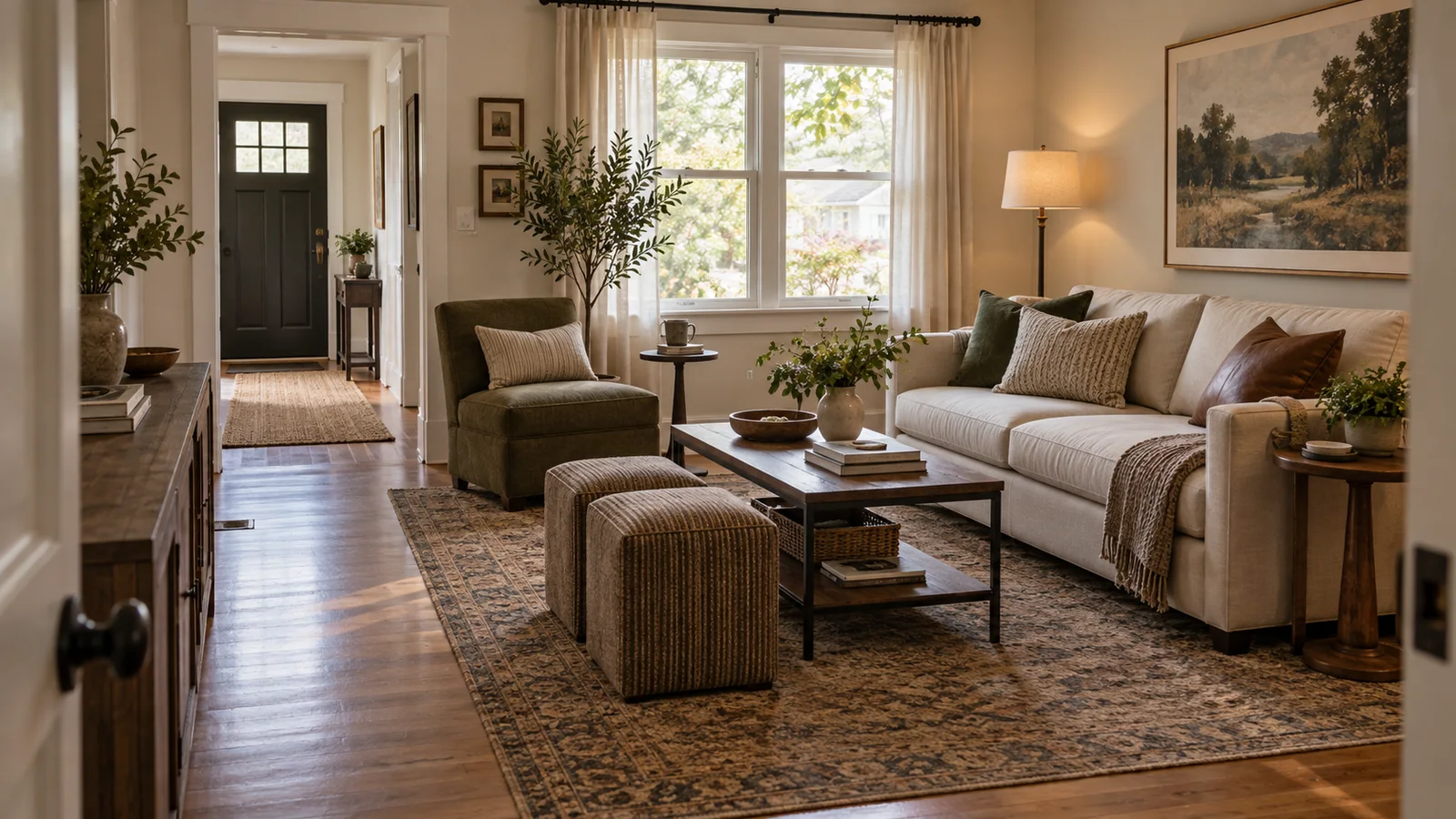 Compact living room with a sofa, slipper chair, tuck-away stools, and an open path from the entry