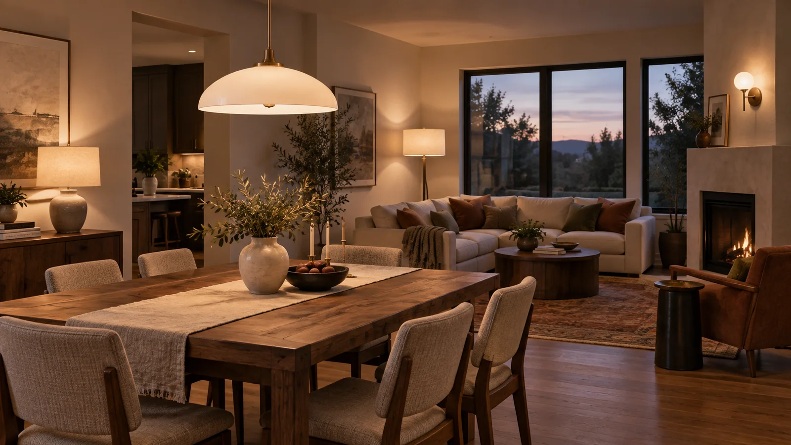 Warm modern dining and living room with pendant, table, floor, and wall lighting